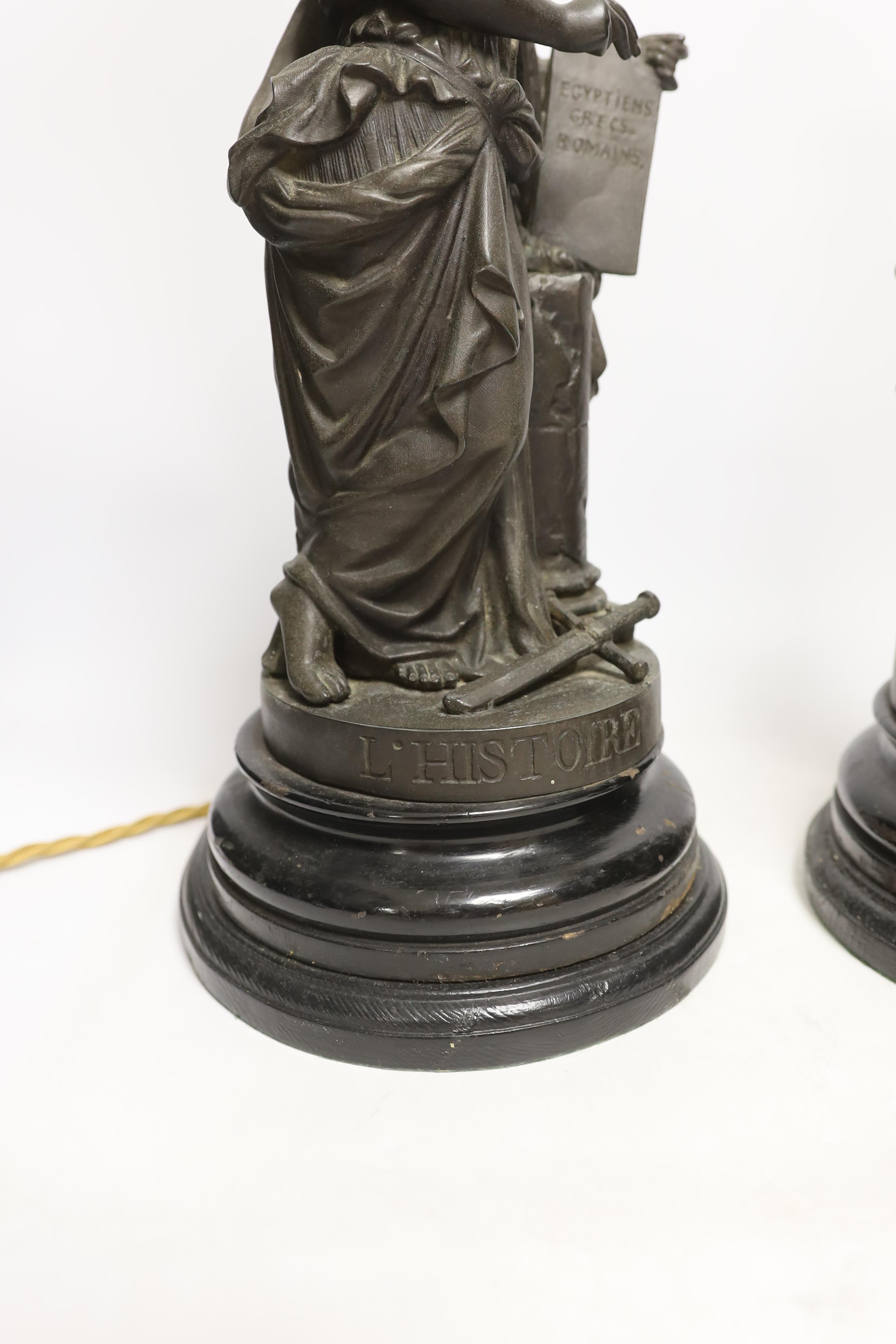A pair of spelter figural table lamps emblematic of poetry and history, overall 56cm high
